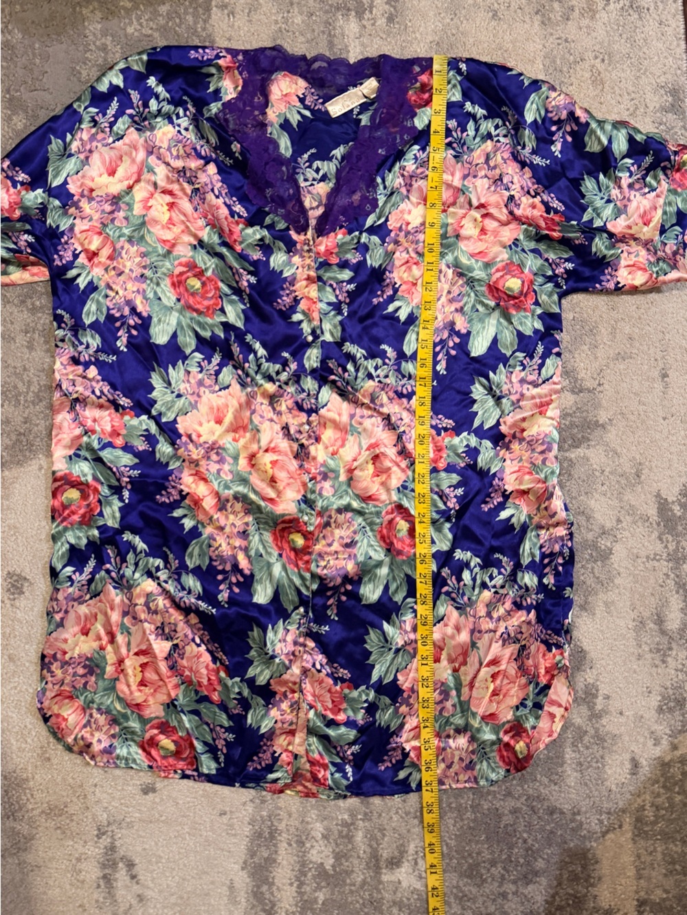 Solange Floral Satin Robe with Lace Trim - Purple & Pink - Picture 6 of 6